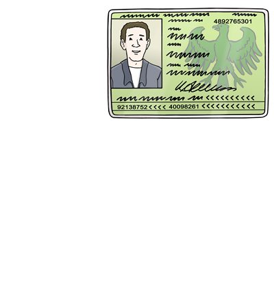 Ausweis, Personalausweis, Altötting, Leichte Sprache, Foto Lebenshilfe für Menschen mit geistiger Behinderung Bremen e.V., Illustrator Stefan Albers, Atelier Fleetinsel, 2013 Ein grüner Personalausweis. Strichzeichnung.