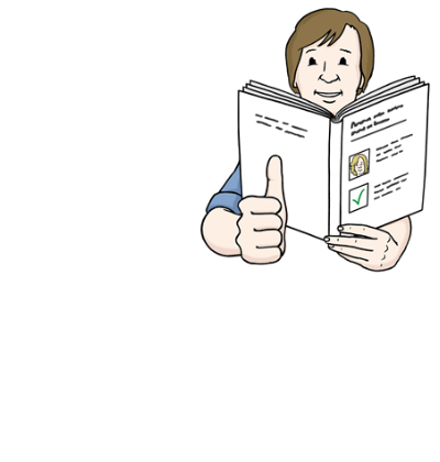 Leichte Sprache, Altötting, Leichte Sprache, Foto Lebenshilfe für Menschen mit geistiger Behinderung Bremen e.V., Illustrator Stefan Albers, Atelier Fleetinsel, 2013 Ein Mann hält den Daumen hoch und macht damit das Zeichen für "Alles in Ordnung".